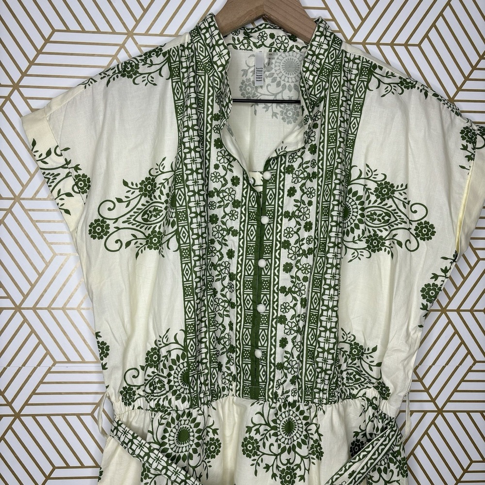 Kaktus Shirt Dress Medium Ivory Green Floral Cotton Belted Button Midi Boho Cap - Picture 2 of 11